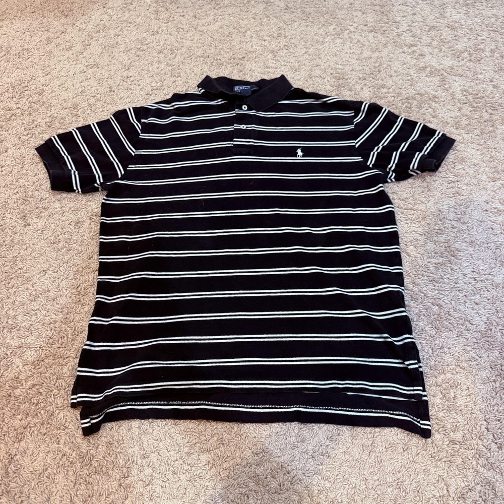 Ralph Lauren Polo‎ Shirt Mens Medium Black White Striped Cotton Embroidered Pony